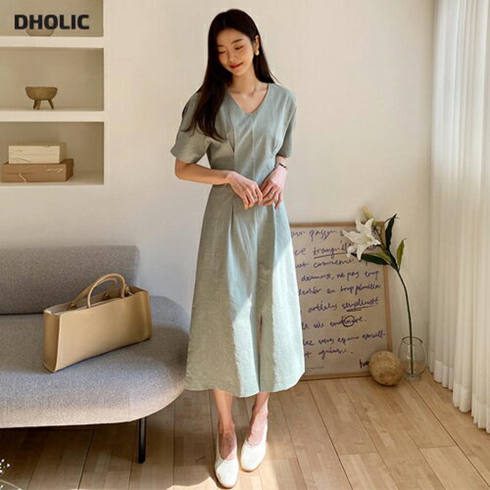 タックリボンワンピース・全4色・t61845 レディース 【ops】 韓国 ファッション ワンピース ロング ロングワンピース 半袖 タック リボン スリム Vネック ショートスリーブ フレア 体型カバー フェミニン 夏 春