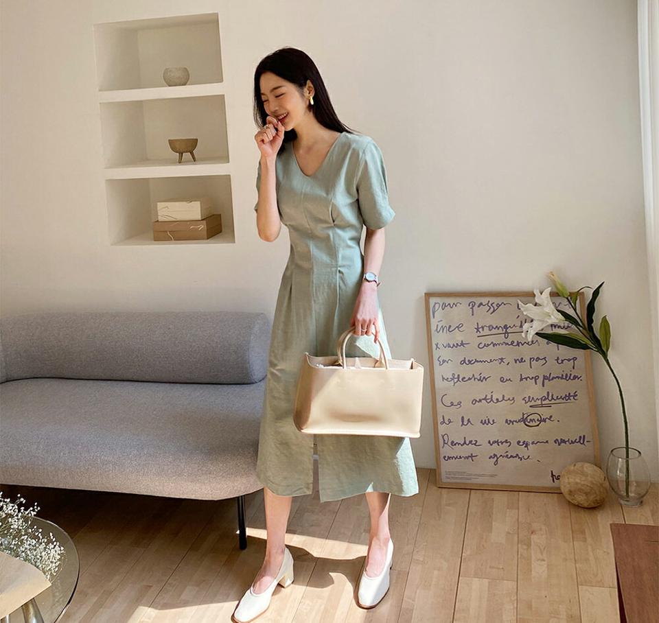 タックリボンワンピース・全4色・t61845 レディース 【ops】 韓国 ファッション ワンピース ロング ロングワンピース 半袖 タック リボン スリム Vネック ショートスリーブ フレア 体型カバー フェミニン 夏 春