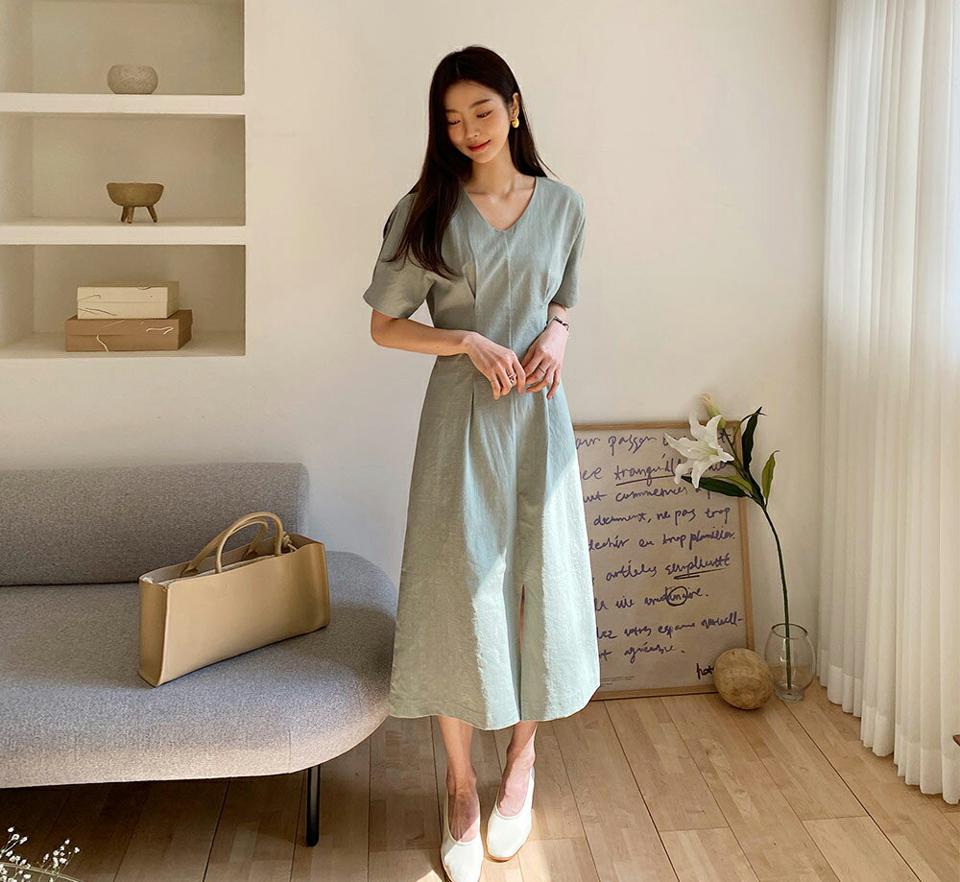 タックリボンワンピース・全4色・t61845 レディース 【ops】 韓国 ファッション ワンピース ロング ロングワンピース 半袖 タック リボン スリム Vネック ショートスリーブ フレア 体型カバー フェミニン 夏 春