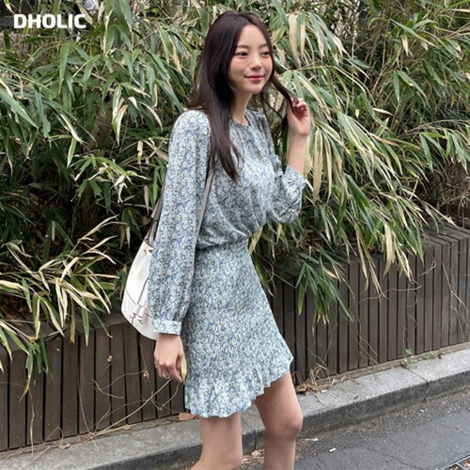 シャーリング花柄ミニワンピース・全3色・t61844 レディース 【ops】【韓国 ファッション ワンピース ミニ ミニワンピース 長袖 ラウンドネック 花柄 フラワー パターン シャーリング 小花柄 体型カバー フェミニン カジュアル 夏 春】【fw】