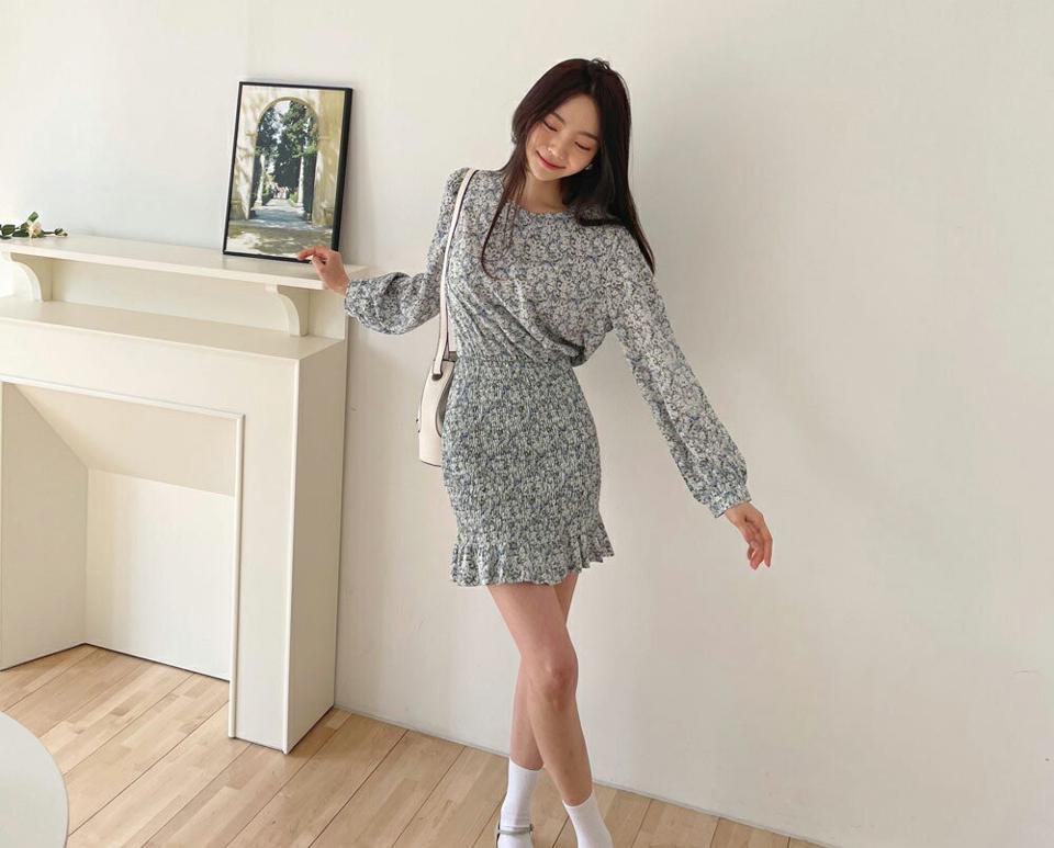 シャーリング花柄ミニワンピース・全3色・t61844 レディース 【ops】【韓国 ファッション ワンピース ミニ ミニワンピース 長袖 ラウンドネック 花柄 フラワー パターン シャーリング 小花柄 体型カバー フェミニン カジュアル 夏 春】【fw】