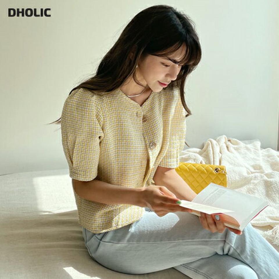 ツイードボタンブラウス・全3色・t61841 レディース 【bl】【韓国 ファッション トップス ブラウス 半袖 ツイード ボタン ショート パフスリーブ 体型カバー フェミニン カジュアル 夏 春】