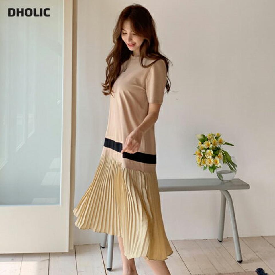 プリーツ配色ワンピース・全3色・b67815 レディース 【ops】【ワンピース ロング ロングワンピース 半袖 ハーフスリーブ 配色 プリーツ プリーツワンピース 大人 モダン 異素材 春 夏 秋 韓国 ファッション】【ハイホリHIHOLLI】