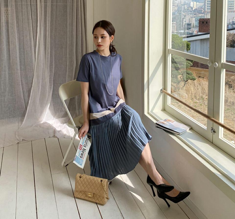 プリーツ配色ワンピース・全3色・b67815 レディース 【ops】【ワンピース ロング ロングワンピース 半袖 ハーフスリーブ 配色 プリーツ プリーツワンピース 大人 モダン 異素材 春 夏 秋 韓国 ファッション】【ハイホリHIHOLLI】