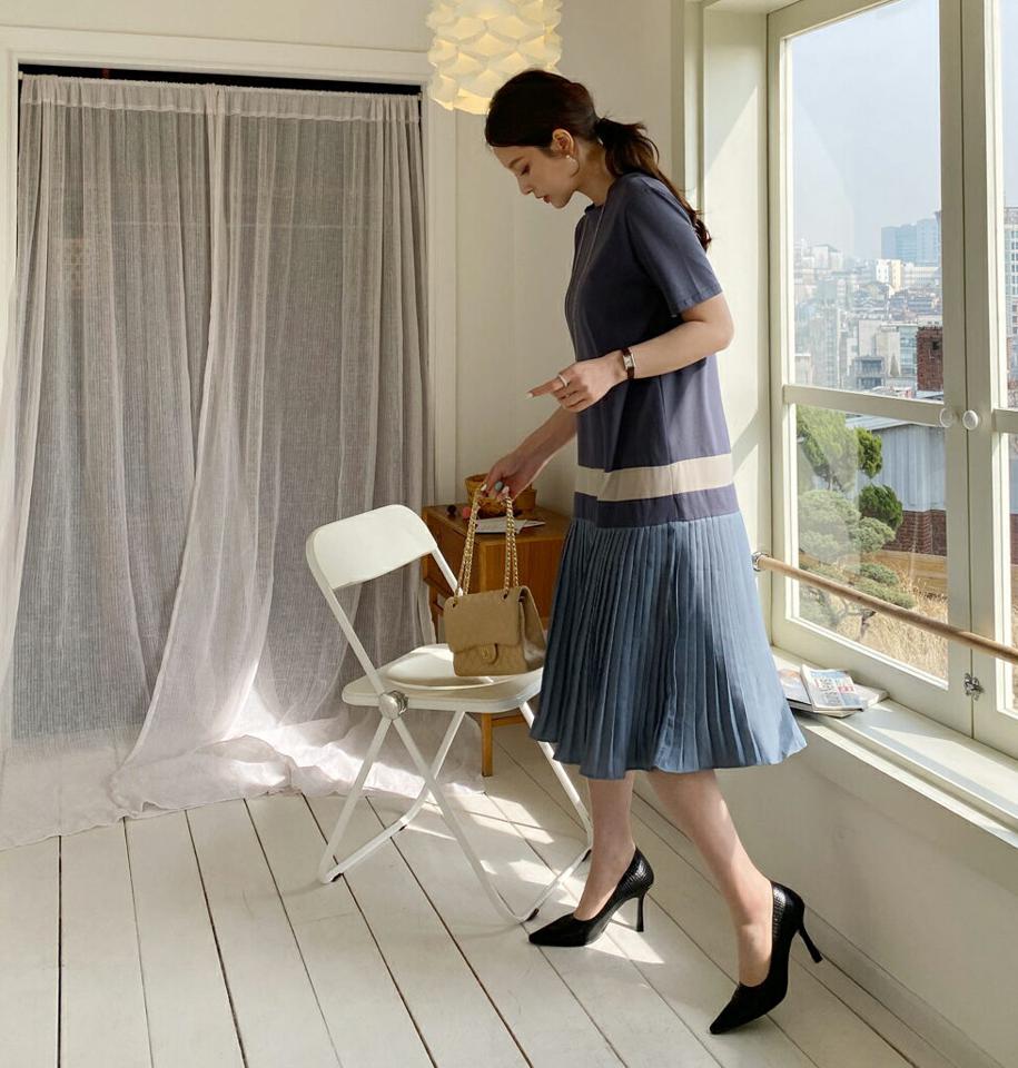 プリーツ配色ワンピース・全3色・b67815 レディース 【ops】【ワンピース ロング ロングワンピース 半袖 ハーフスリーブ 配色 プリーツ プリーツワンピース 大人 モダン 異素材 春 夏 秋 韓国 ファッション】【ハイホリHIHOLLI】