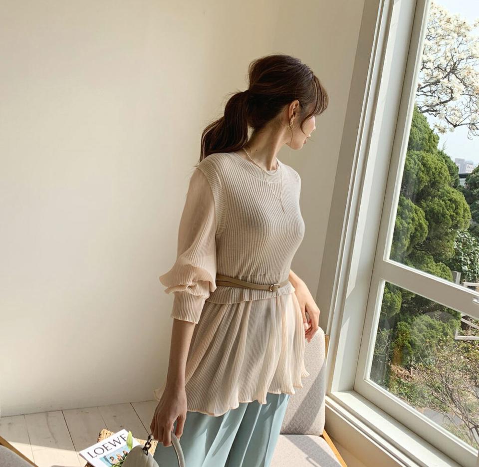 【KILL PRICE】ベルト付プリーツコントラストニット・全2色・e67712 レディース 【tops】 トップス 長袖 ニット ニットトップス プリーツ コントラスト ベルト シフォン フェミニン きれいめ 大人 春 秋 韓国 ファッション ハイホリHIHOLLI【KILL】