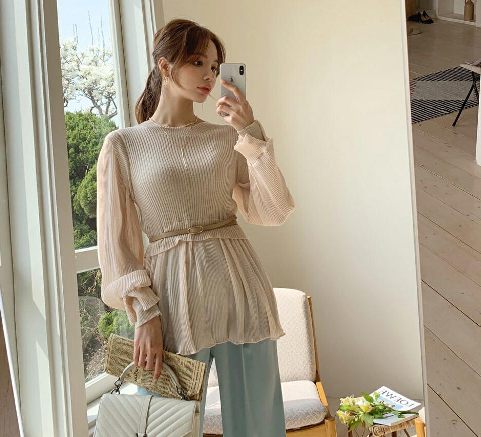 【KILL PRICE】ベルト付プリーツコントラストニット・全2色・e67712 レディース 【tops】 トップス 長袖 ニット ニットトップス プリーツ コントラスト ベルト シフォン フェミニン きれいめ 大人 春 秋 韓国 ファッション ハイホリHIHOLLI【KILL】