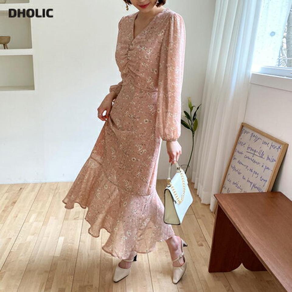 花柄ギャザーワンピース・全3色・t63276 レディース 【ops】 韓国 ファッション ワンピース ロング ロングワンピース 長袖 シフォン 花柄 フラワー パターン Vネック リボン フレア 体型カバー フェミニン カジュアル 夏 春