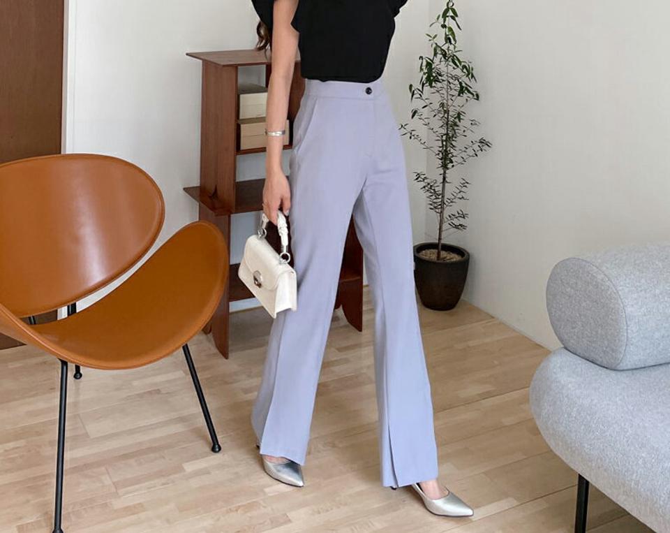 スリットシークレットゴムスラックス・全3色・b63301 レディース 【pt】【韓国 ファッション ボトムス ロング ロングパンツ スラックス ウエストゴム ブーツカット スリット 足長 美脚 体型カーバー 10分丈 十分丈 カジュアル デイリー 夏 春】