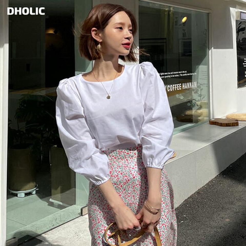 パステルパフブラウス・全4色・t63289 レディース 【bl】【韓国 ファッション トップス ブラウス 長袖 パフスリーブ ギャザー ラウンドネック スリーブレス 体型カバー カジュアル フェミニン 夏 春】