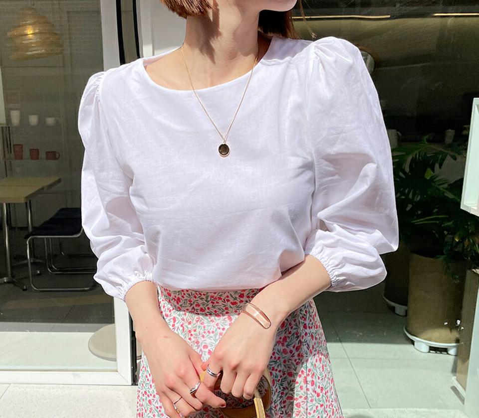 パステルパフブラウス・全4色・t63289 レディース 【bl】【韓国 ファッション トップス ブラウス 長袖 パフスリーブ ギャザー ラウンドネック スリーブレス 体型カバー カジュアル フェミニン 夏 春】