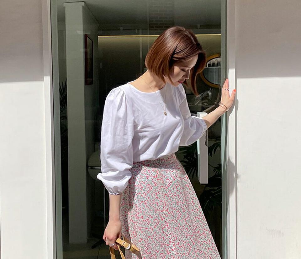 パステルパフブラウス・全4色・t63289 レディース 【bl】【韓国 ファッション トップス ブラウス 長袖 パフスリーブ ギャザー ラウンドネック スリーブレス 体型カバー カジュアル フェミニン 夏 春】