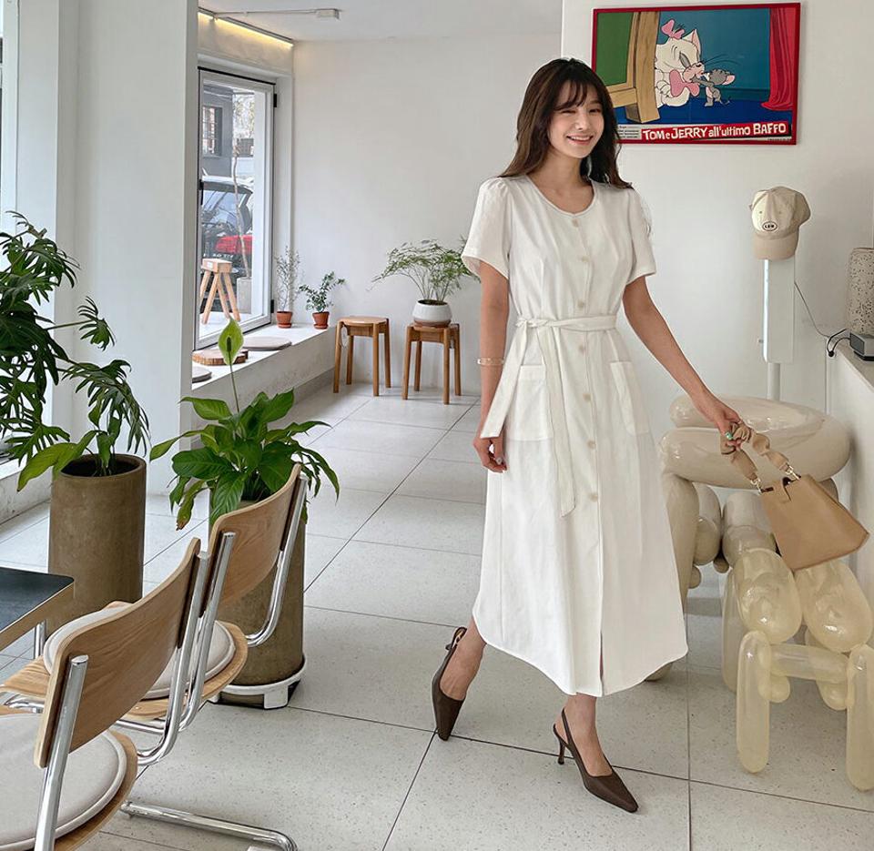 ストラップ付ステッチボタンワンピース・全3色・t63294 レディース 【ops】【韓国 ファッション ワンピース ロング ロングワンピース 半袖 ステッチ ストラップ ルーズ ゆったり 体型カバー フェミニン カジュアル 細身 夏 春】