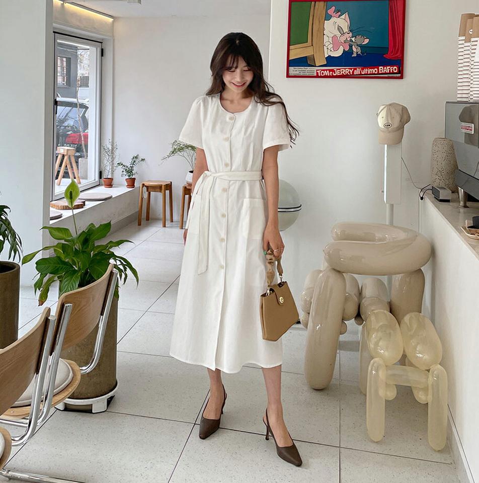 ストラップ付ステッチボタンワンピース・全3色・t63294 レディース 【ops】【韓国 ファッション ワンピース ロング ロングワンピース 半袖 ステッチ ストラップ ルーズ ゆったり 体型カバー フェミニン カジュアル 細身 夏 春】