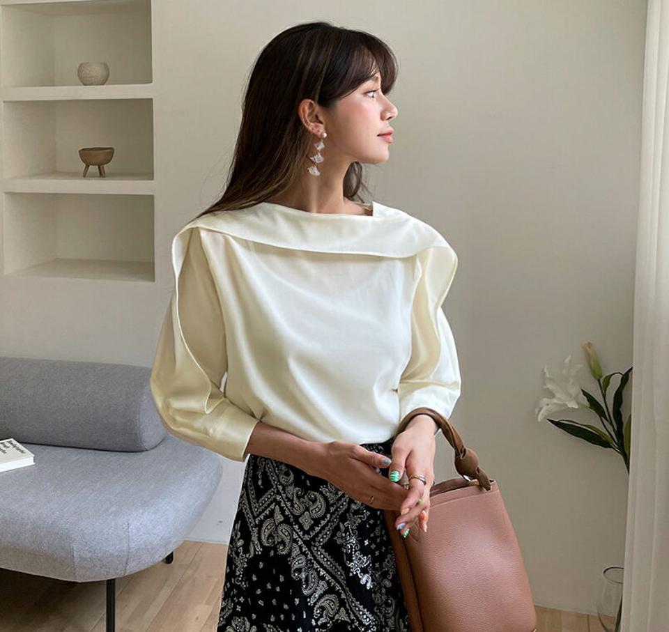 ディテールボートネックブラウス・全3色・t63288 レディース 【bl】【韓国 ファッション トップス ブラウス 長袖 ボートネック ボリューム 7分丈 体型カバー フェミニン 上品 夏 春】