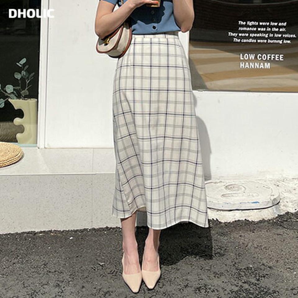 チェックAラインスカート・全2色・b63296 レディース 【sk】【韓国 ファッション ボトムス スカート ロング ロングスカート チェック パターン フェミニン Aライン 体型カバー 細身 カジュアル ベーシック 夏 春】