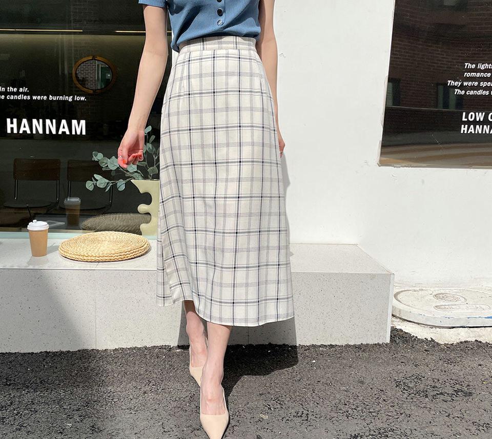 チェックAラインスカート・全2色・b63296 レディース 【sk】【韓国 ファッション ボトムス スカート ロング ロングスカート チェック パターン フェミニン Aライン 体型カバー 細身 カジュアル ベーシック 夏 春】