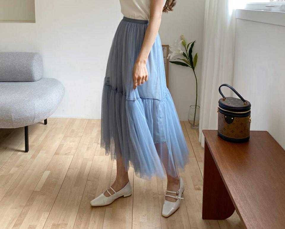 フレアチュールスカート・全3色・e63300 レディース 【sk】 韓国ファッション ボトムス スカート ロング ロングスカート チュール ウエストゴム フレア フェミニン 体型カバー 細身 カジュアル ベーシック 夏 春