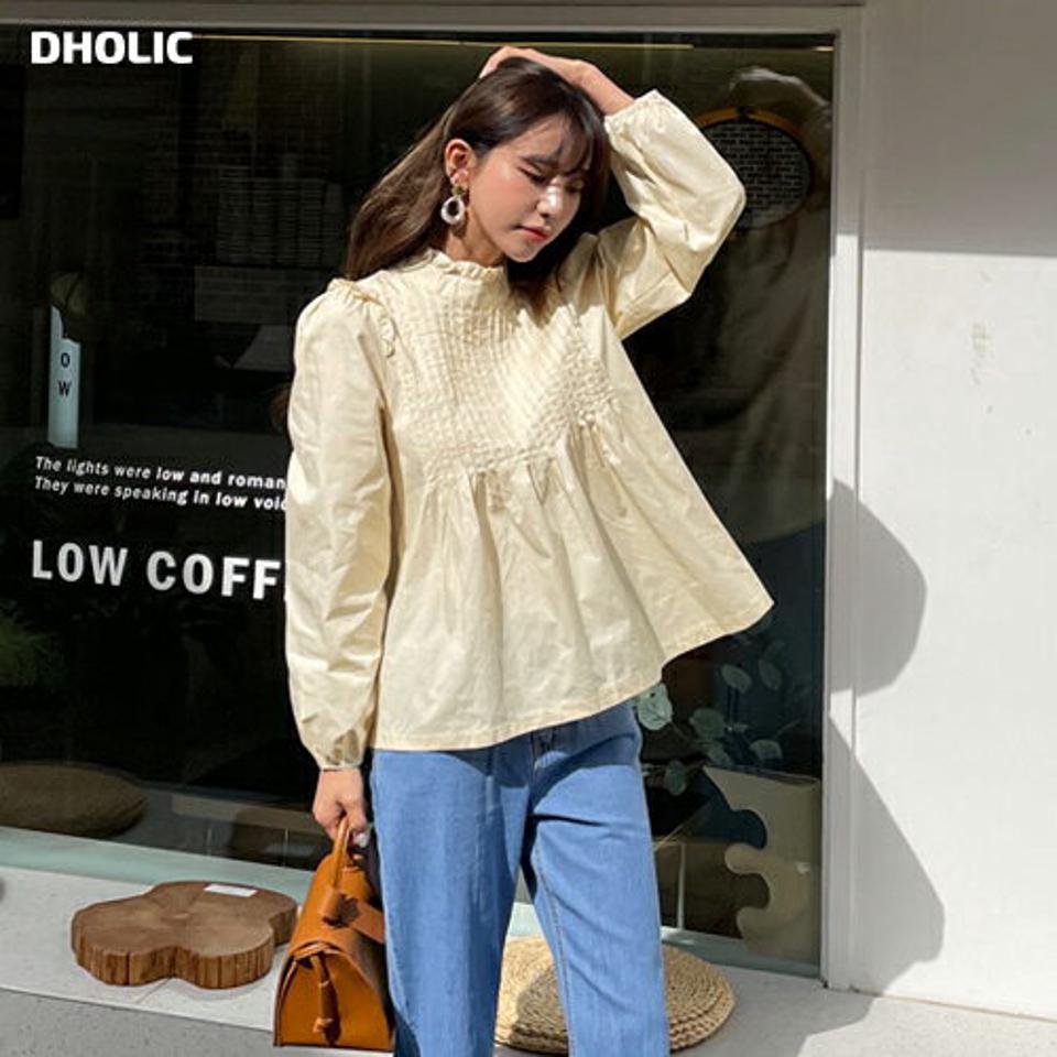 フリルネックピンタックブラウス・全3色・b63291 レディース 【bl】【韓国 ファッション トップス ブラウス 長袖 フレアブラウス フリル ハーフネック ピンタック 体型カバー フェミニン ガーリー 上品 夏 春】