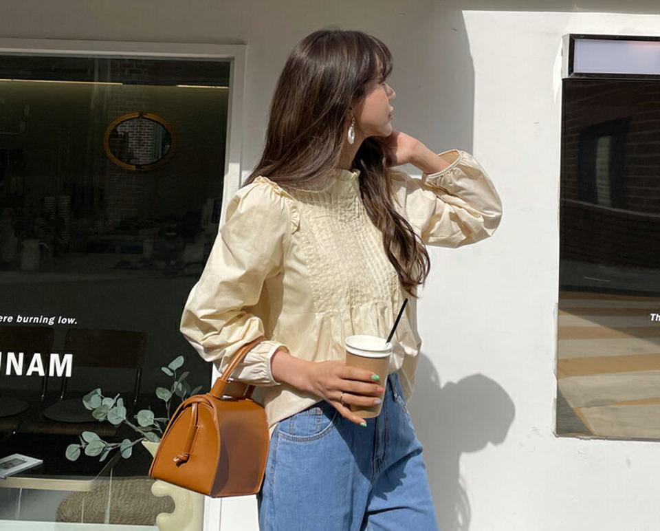 フリルネックピンタックブラウス・全3色・b63291 レディース 【bl】【韓国 ファッション トップス ブラウス 長袖 フレアブラウス フリル ハーフネック ピンタック 体型カバー フェミニン ガーリー 上品 夏 春】