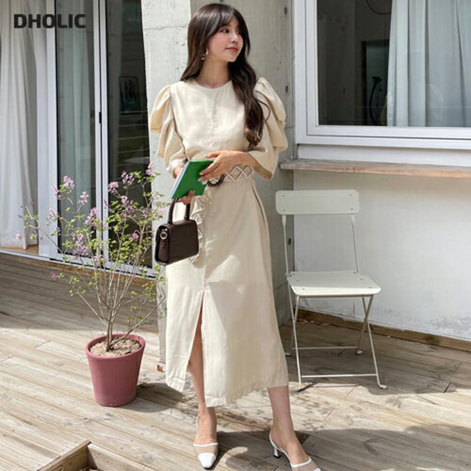 パフスリットワンピース・全3色・b63279 レディース 【ops】【韓国 ファッション ワンピース ロング ロングワンピース 半袖 ステッチ 体型カバー フェミニン カジュアル 夏 春】