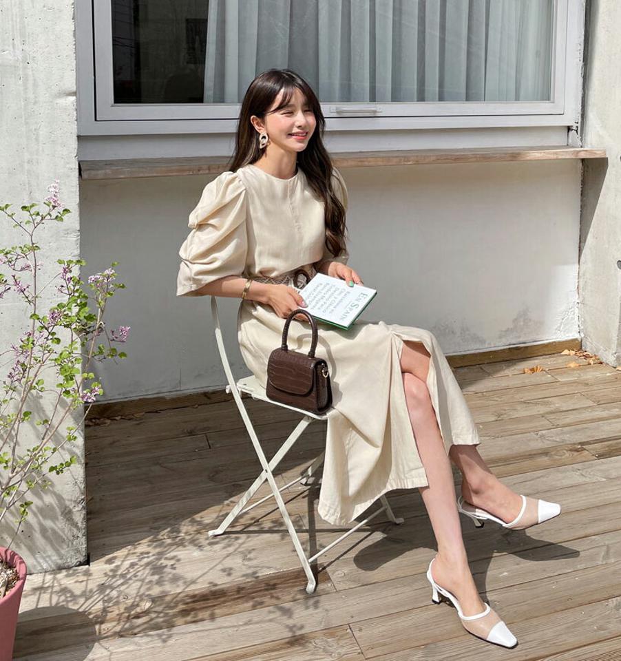 パフスリットワンピース・全3色・b63279 レディース 【ops】【韓国 ファッション ワンピース ロング ロングワンピース 半袖 ステッチ 体型カバー フェミニン カジュアル 夏 春】