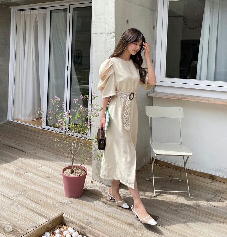 パフスリットワンピース・全3色・b63279 レディース 【ops】【韓国 ファッション ワンピース ロング ロングワンピース 半袖 ステッチ 体型カバー フェミニン カジュアル 夏 春】