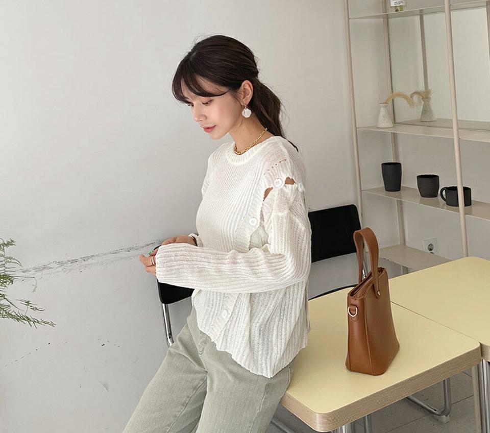 2WAYボタンリブニット・全4色・t63293 レディース 【tops】【韓国 ファッション トップス ニット 長袖 カジュアル セクシー ショルダー ユニーク ラウンドネック スリム ルーズ ゆったり 細身 体型カバー フェミニン ベーシック 夏 春】