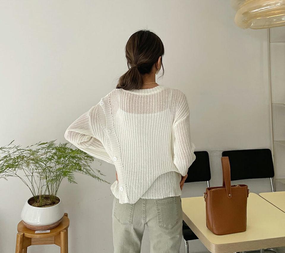 2WAYボタンリブニット・全4色・t63293 レディース 【tops】【韓国 ファッション トップス ニット 長袖 カジュアル セクシー ショルダー ユニーク ラウンドネック スリム ルーズ ゆったり 細身 体型カバー フェミニン ベーシック 夏 春】