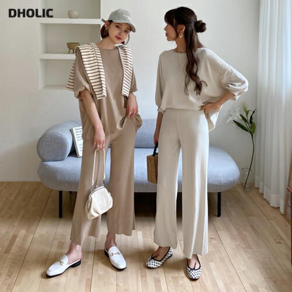 パフニット&ワイドパンツSET・全4色・b63277 レディース 【pt】【韓国 ファッション ボトムス ロング ロングパンツ やわらかい ニット セットアップ ラウンドネック パフスリーブ 美脚 体型カーバー 10分丈 十分丈 カジュアル デイリー 夏 春】