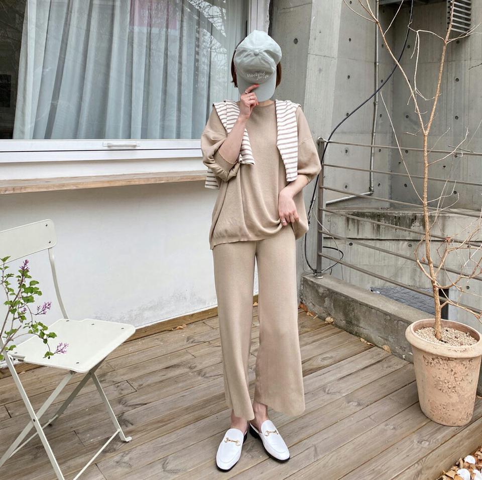 パフニット&ワイドパンツSET・全4色・b63277 レディース 【pt】【韓国 ファッション ボトムス ロング ロングパンツ やわらかい ニット セットアップ ラウンドネック パフスリーブ 美脚 体型カーバー 10分丈 十分丈 カジュアル デイリー 夏 春】