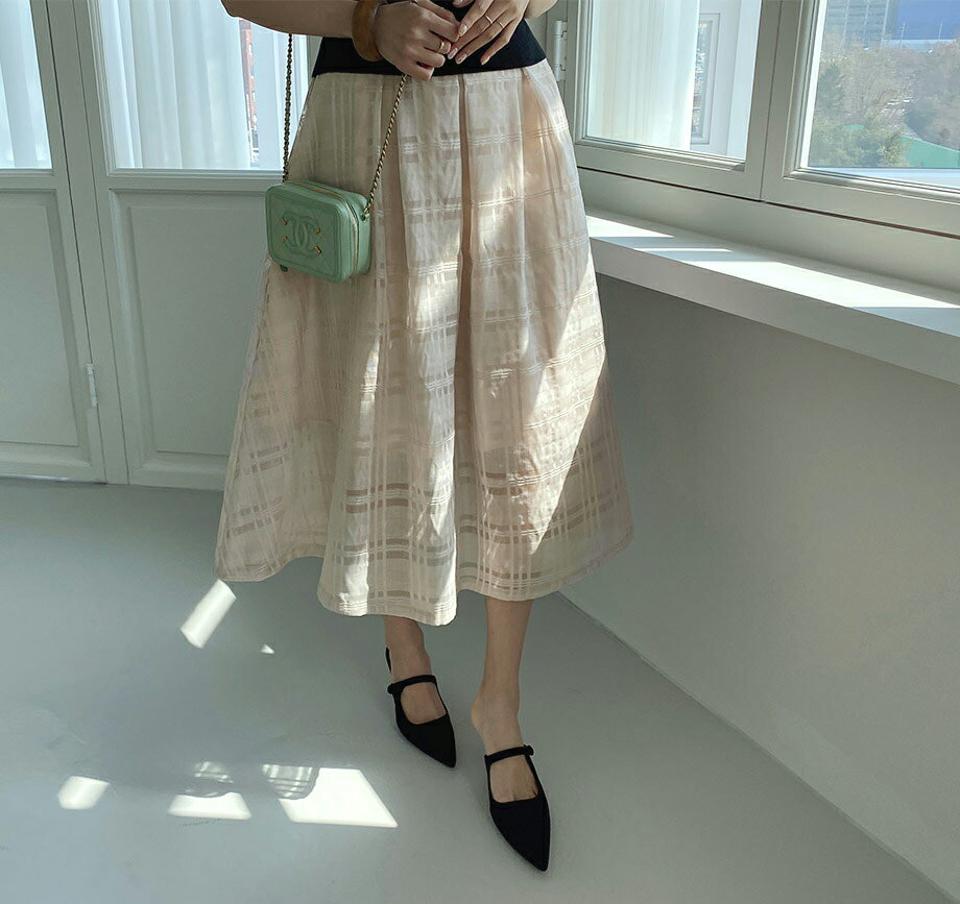 シアーチェックスカート・全2色・b67703 レディース 【sk】 スカート ロング ロングスカート シアー シースルー 透け感 チェック柄 フェミニン 大人 きれいめ Aライン ボリューム 春 秋 韓国 ファッション ハイホリHIHOLLI