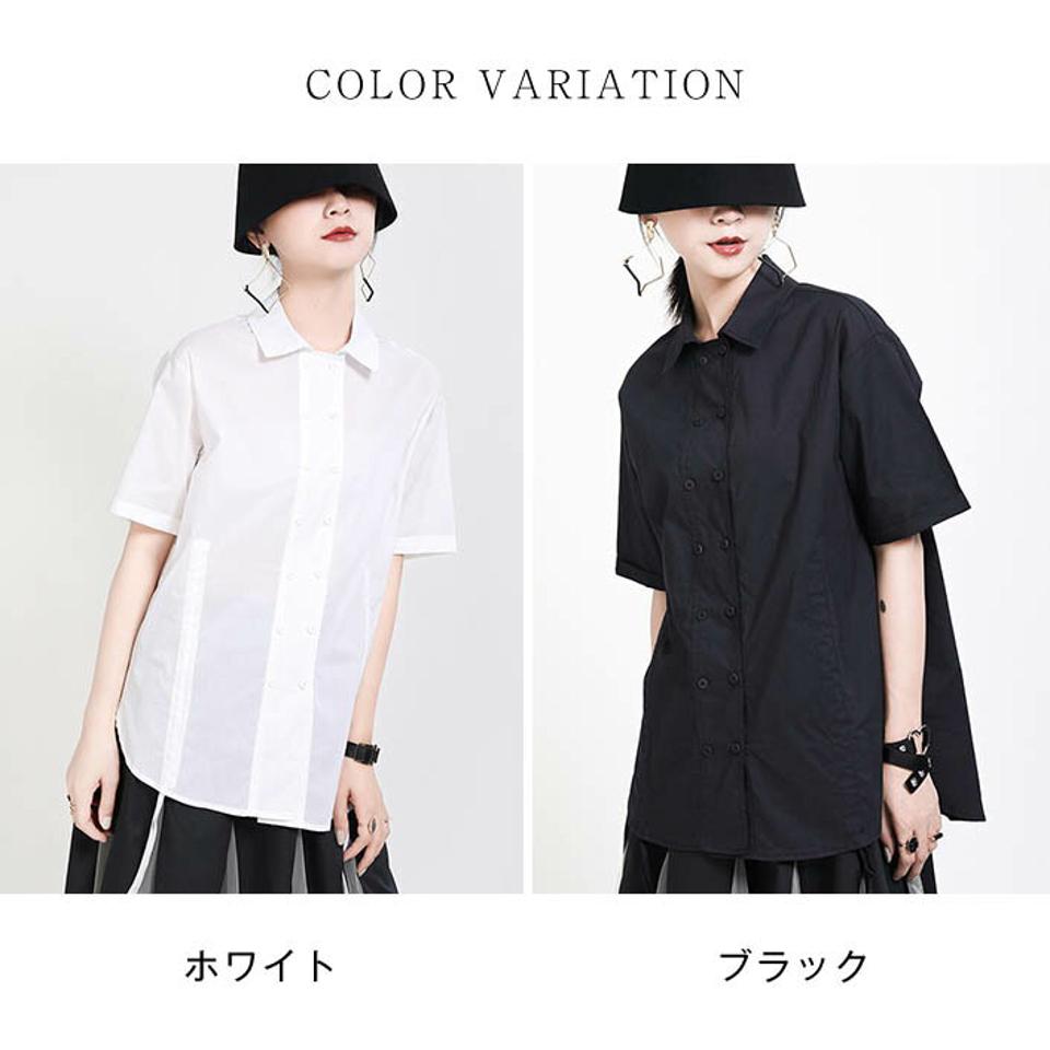 シャツ ブラウス tシャツ 半袖 シャツブラウス ドロストシャツ スリット 前後差 ダブルボタン 2way トップス レディース ロングシャツ 白シャツ 不規則 原宿系 大人 おしゃれ　夏 カジュアル 春 ロング 着やせ かっこいい　大きいサイズ　無地
