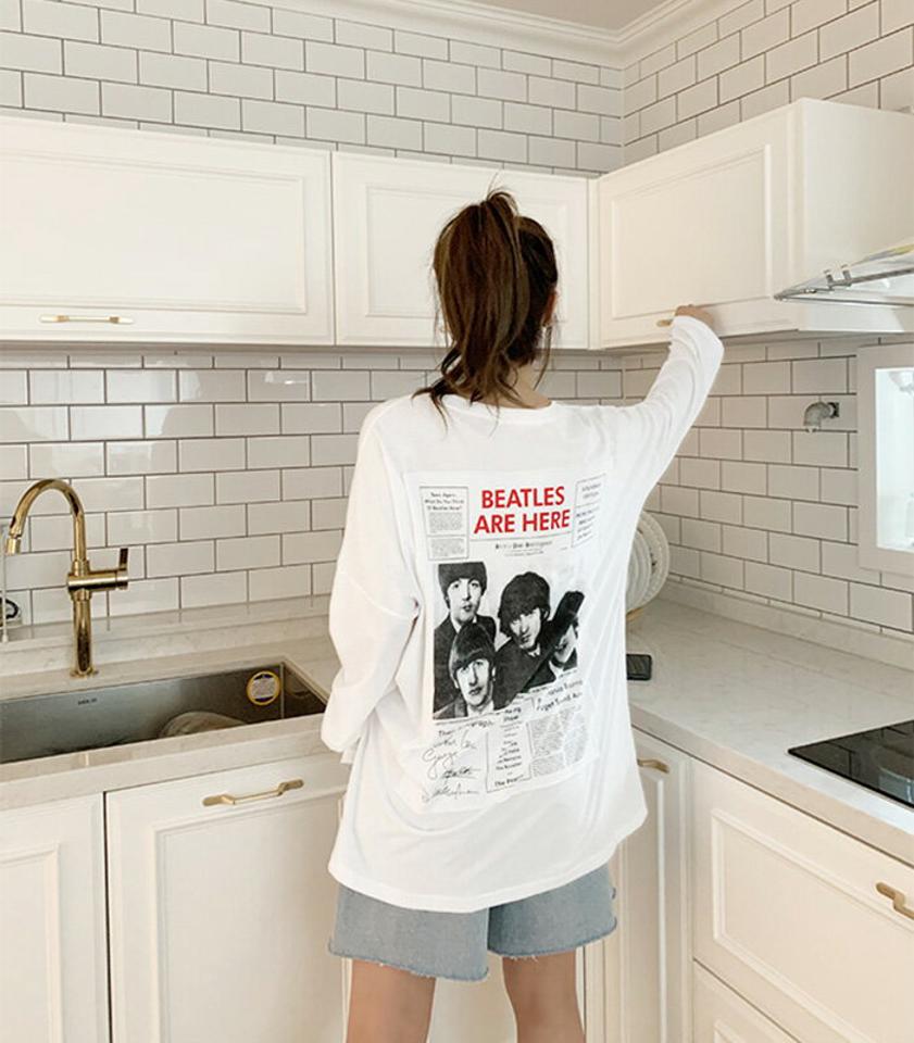 NANING9(ナンニング)BEATLESバックプリントロングTシャツ【4/7up_go】韓国 韓国ファッション レディース 春 夏 人気 流行 トレンド トップス 長袖 バンドTシャツ【即納】