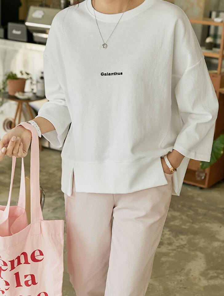 JOAMOM(ジョアマム)ミニマルロゴスウェットTシャツ【4/6up_ka】【メール便】韓国 韓国ファッション　トップス tシャツ 5分袖 スウェット tシャツ ロゴt スリット オーバーサイズ 体型カバー レディース ファッション【予】