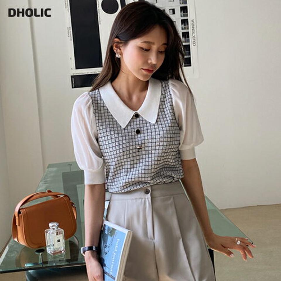 【只今10%OFF】カラーチェックボタンニット・全2色・b65184 レディース 【tops】【韓国 ファッション トップス ニット 半袖 カジュアル 襟 ツイード風 チェック柄 異素材 7分丈スリーブ 体型カバー フェミニン ベーシック 夏 春】