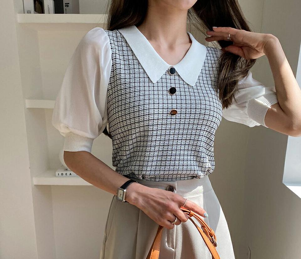 【只今10%OFF】カラーチェックボタンニット・全2色・b65184 レディース 【tops】【韓国 ファッション トップス ニット 半袖 カジュアル 襟 ツイード風 チェック柄 異素材 7分丈スリーブ 体型カバー フェミニン ベーシック 夏 春】