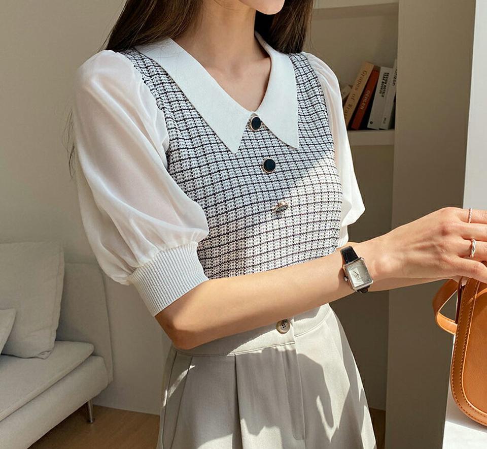 【只今10%OFF】カラーチェックボタンニット・全2色・b65184 レディース 【tops】【韓国 ファッション トップス ニット 半袖 カジュアル 襟 ツイード風 チェック柄 異素材 7分丈スリーブ 体型カバー フェミニン ベーシック 夏 春】