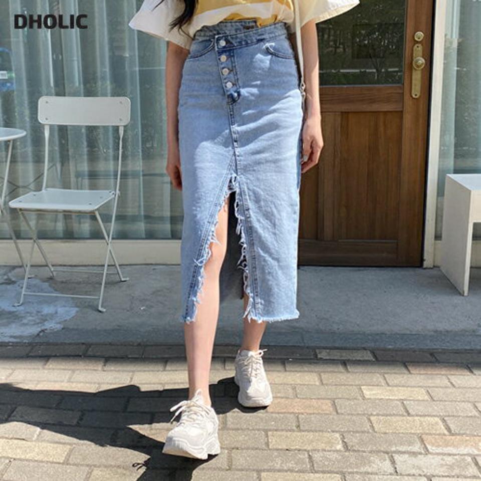 ダイアゴナルデニムスカート・全1色・t63768 レディース 【sk】 韓国 ファッション ボトムス スカート ロング ロングスカート ダイアゴナル ユニーク デニムスカート フリンジ Vカット ガーリー カジュアル デイリー 体型カバー 細身 春 夏 NIJU