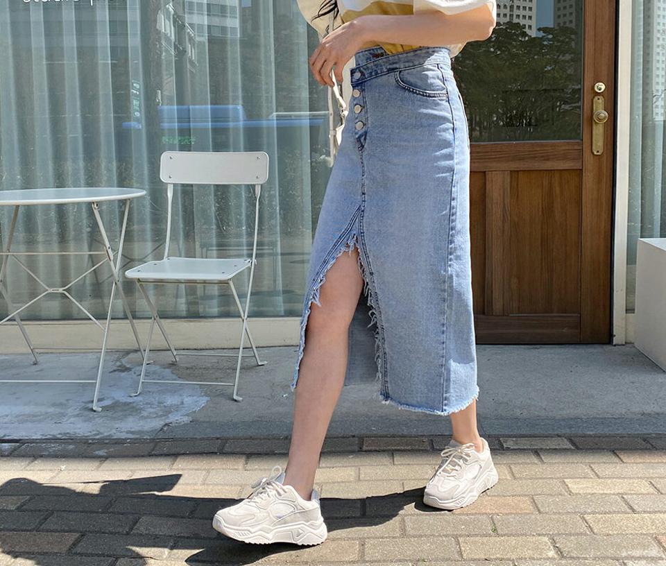 ダイアゴナルデニムスカート・全1色・t63768 レディース 【sk】 韓国 ファッション ボトムス スカート ロング ロングスカート ダイアゴナル ユニーク デニムスカート フリンジ Vカット ガーリー カジュアル デイリー 体型カバー 細身 春 夏 NIJU