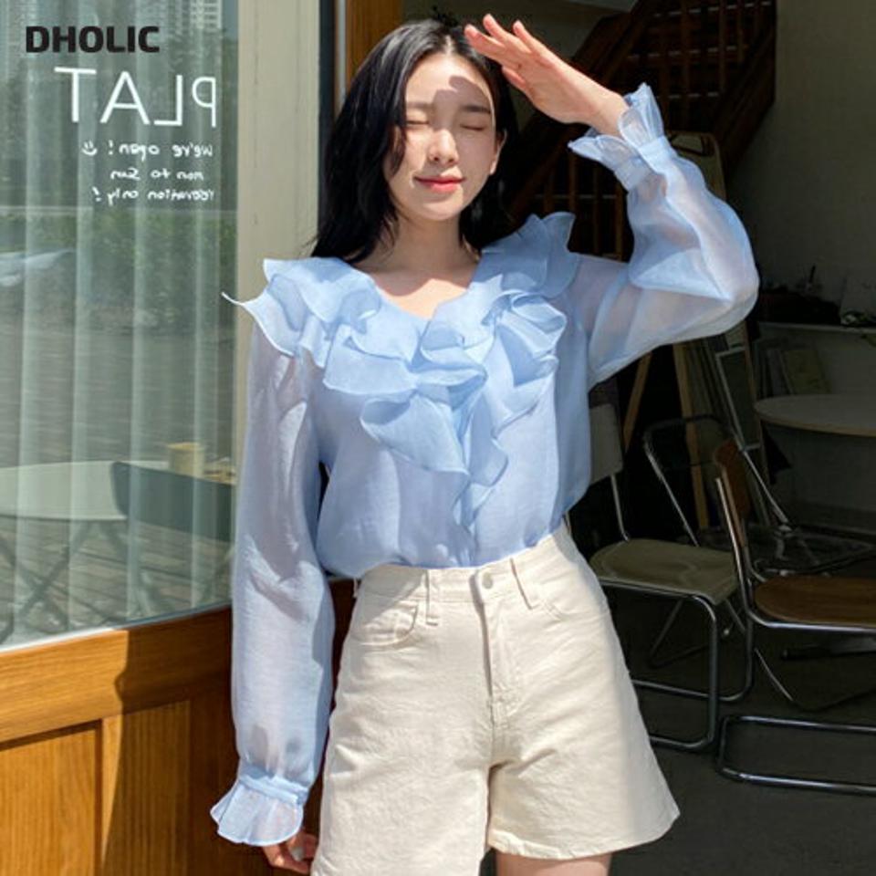 シアーフリルブラウス・全5色・t63769 レディース 【bl】【韓国 ファッション トップス ブラウス 長袖 フリル ボリューム Vネック シアー ルーズ ゆったり ガーリー 体型カバー 細身 デイリー 春 夏】【NIJU】
