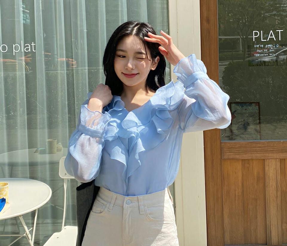 シアーフリルブラウス・全5色・t63769 レディース 【bl】【韓国 ファッション トップス ブラウス 長袖 フリル ボリューム Vネック シアー ルーズ ゆったり ガーリー 体型カバー 細身 デイリー 春 夏】【NIJU】