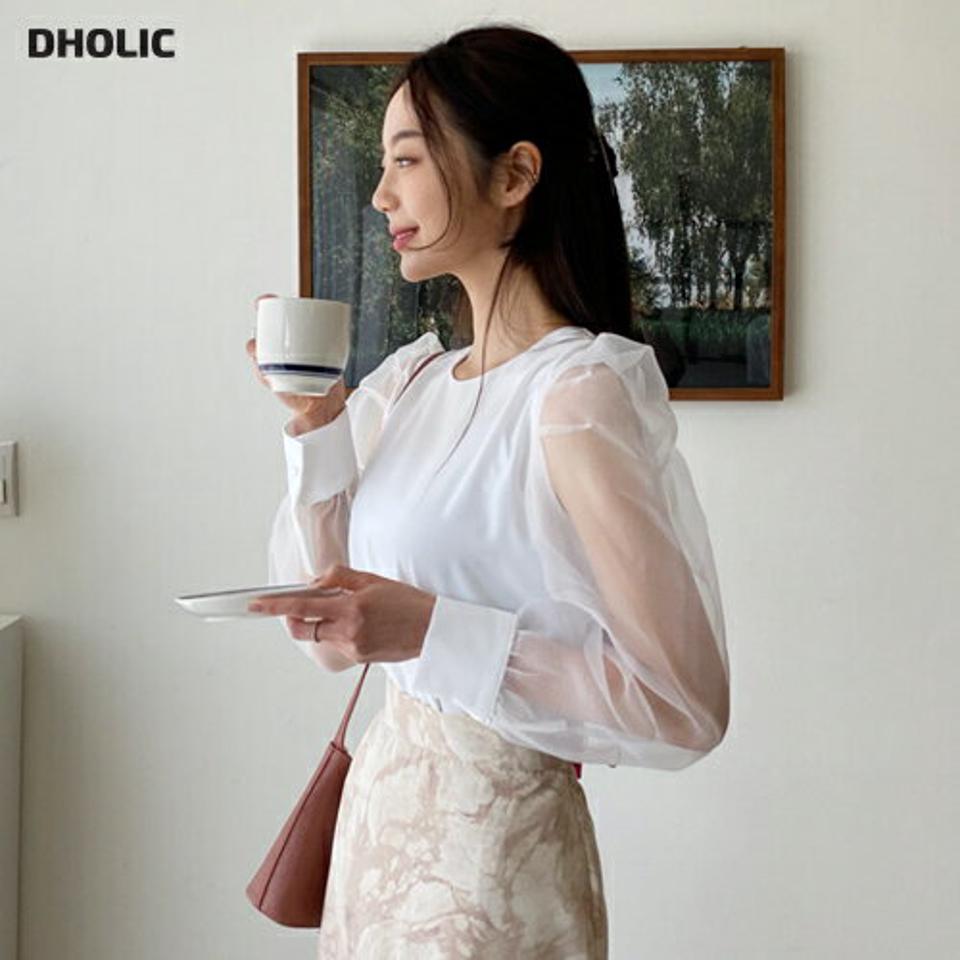 ラウンドシアースリーブブラウス・全2色・t65040 レディース 【bl】【韓国 ファッション トップス ブラウス 長袖 シアー ラウンドネック 透け感 フェミニン ガーリー 体型カバー 細身 夏 春】