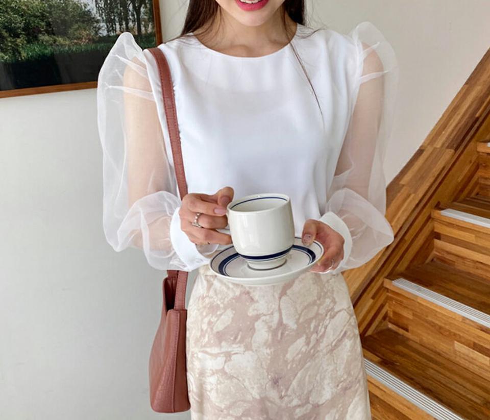 ラウンドシアースリーブブラウス・全2色・t65040 レディース 【bl】【韓国 ファッション トップス ブラウス 長袖 シアー ラウンドネック 透け感 フェミニン ガーリー 体型カバー 細身 夏 春】