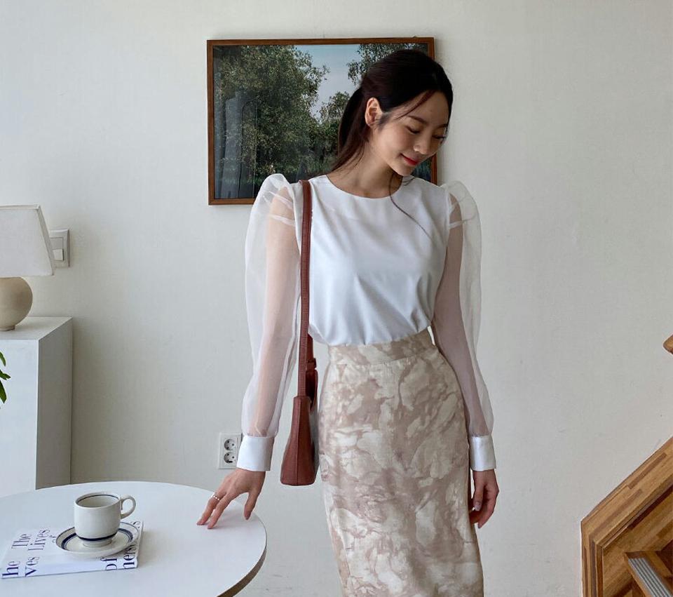 ラウンドシアースリーブブラウス・全2色・t65040 レディース 【bl】【韓国 ファッション トップス ブラウス 長袖 シアー ラウンドネック 透け感 フェミニン ガーリー 体型カバー 細身 夏 春】