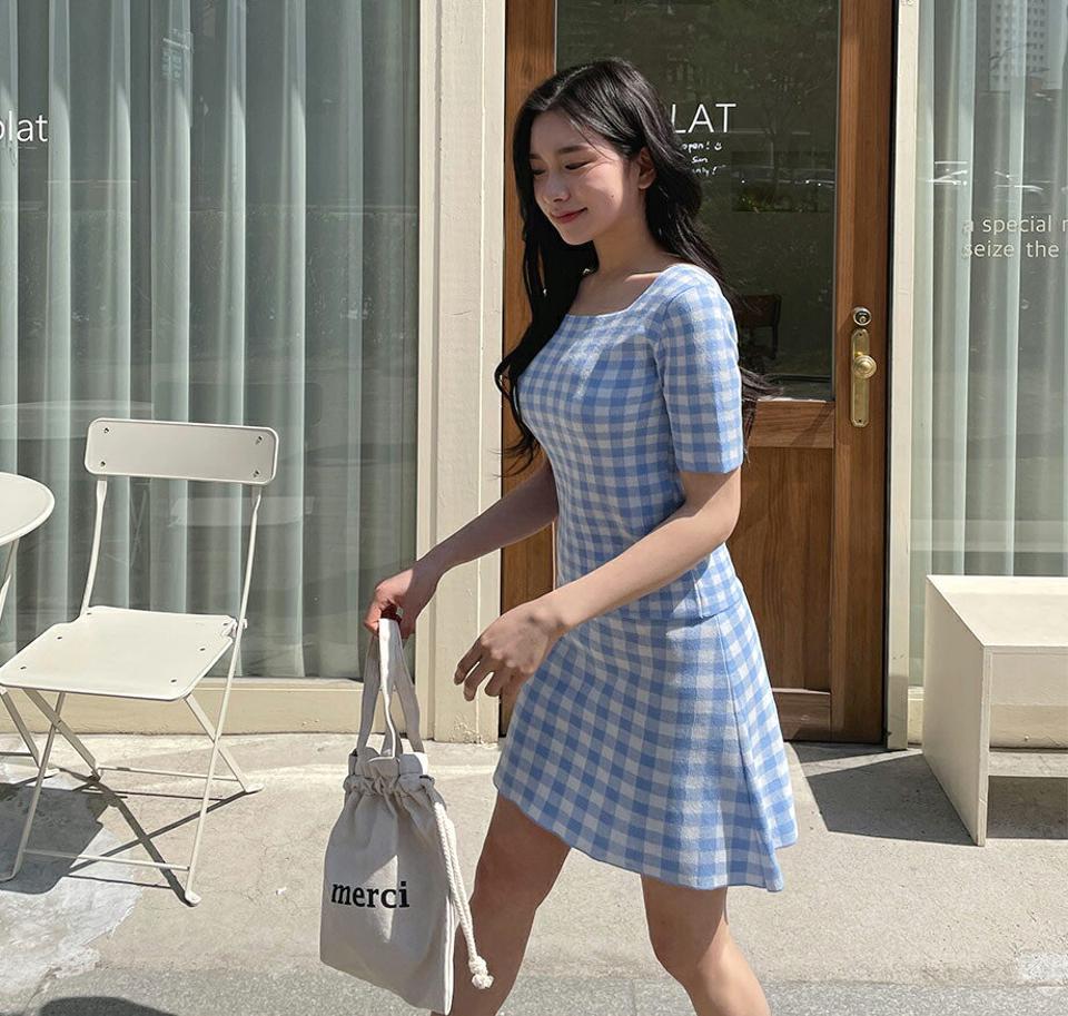 チェックスクエアニット&スカートSET・全5色・t63780 レディース 【ops】【韓国 ファッション ワンピース ミニ ミニワンピース 半袖 ニットワンピース セットアップ チェック スクエアネック Aライン スリム フィット 体型カバー 春 夏】【NIJU】