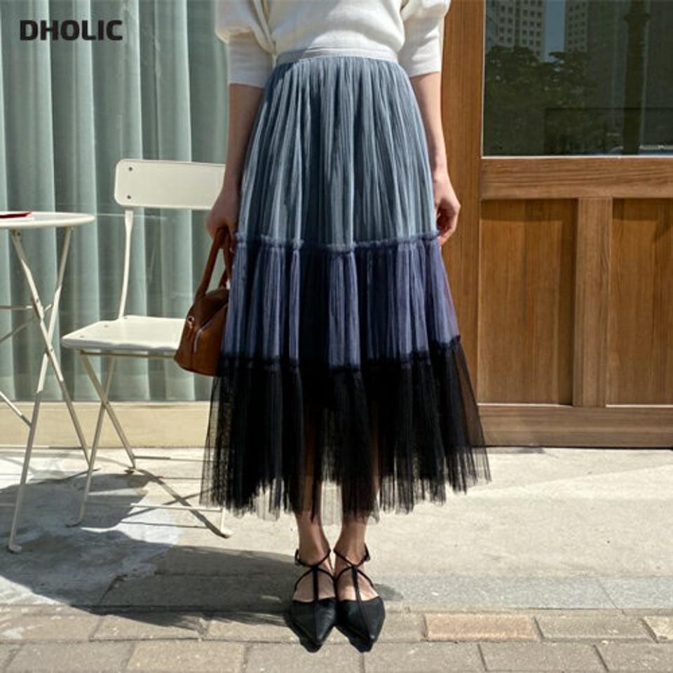 【全品10%OFF】チュール配色スカート・全3色・t65047 レディース 【sk】【韓国 ファッション ボトムス スカート ロング ロングスカート ベーシック チュール 配色 フリル ゴム シンプル 体型カバー 細身 カジュアル ベーシック フェミニン 夏 春】