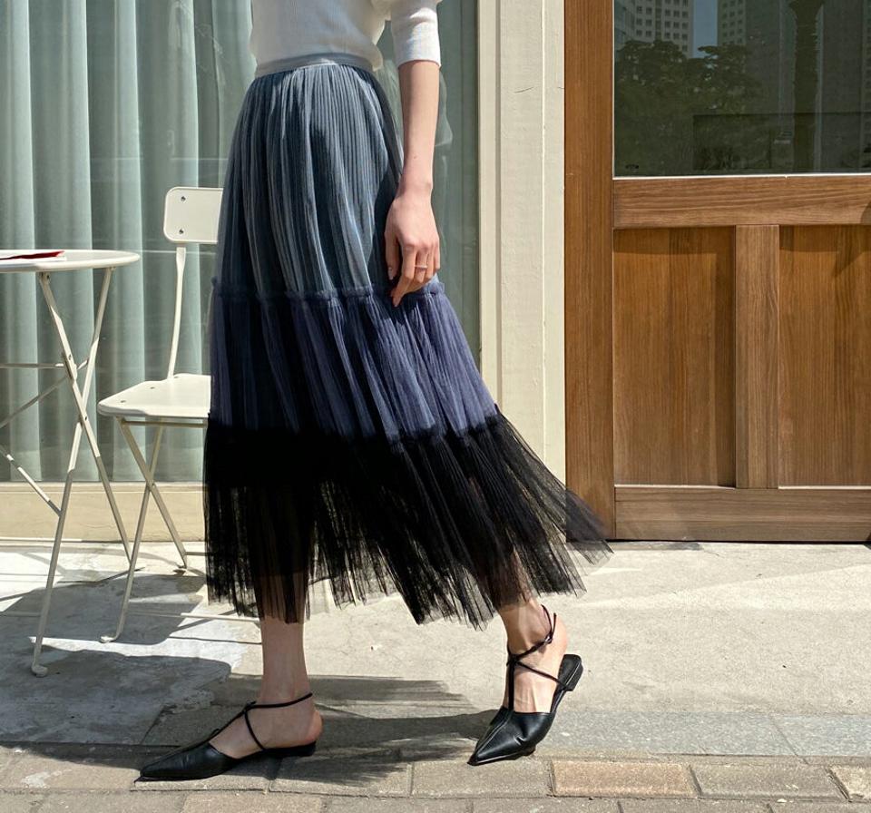 【全品10%OFF】チュール配色スカート・全3色・t65047 レディース 【sk】【韓国 ファッション ボトムス スカート ロング ロングスカート ベーシック チュール 配色 フリル ゴム シンプル 体型カバー 細身 カジュアル ベーシック フェミニン 夏 春】