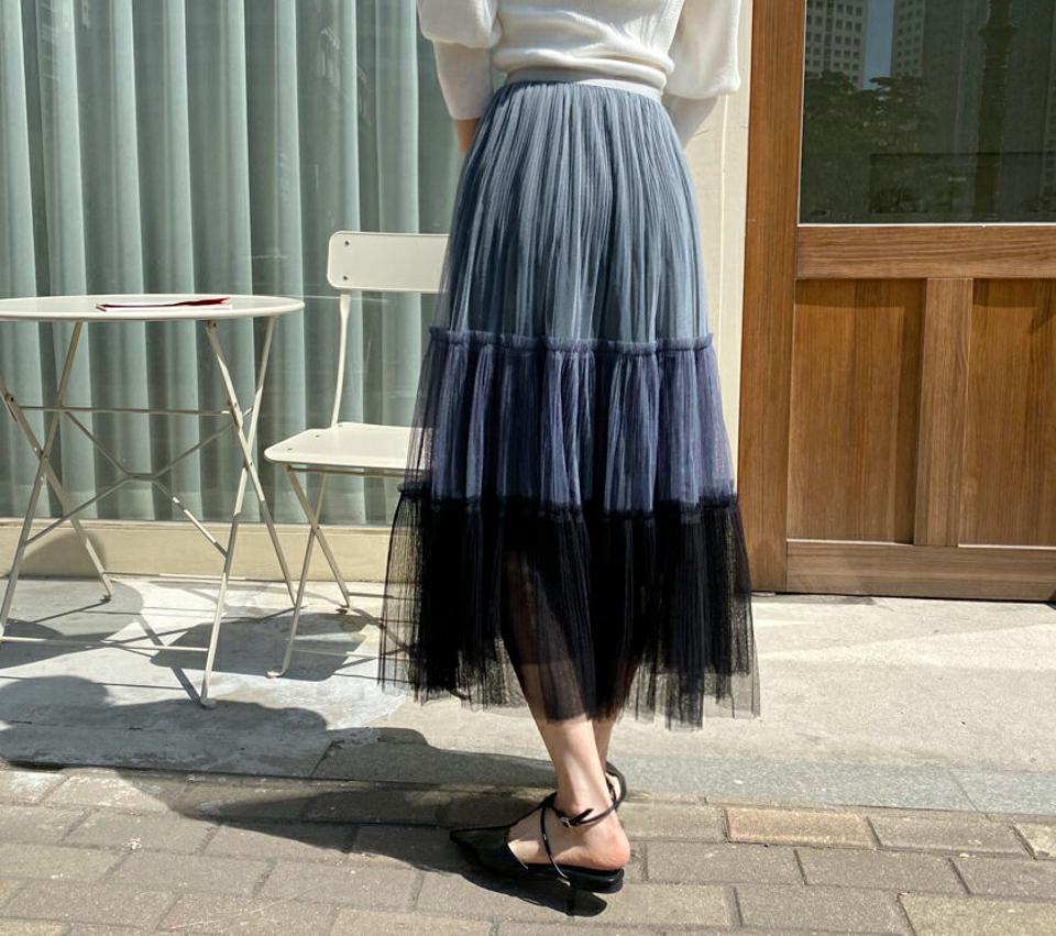 【全品10%OFF】チュール配色スカート・全3色・t65047 レディース 【sk】【韓国 ファッション ボトムス スカート ロング ロングスカート ベーシック チュール 配色 フリル ゴム シンプル 体型カバー 細身 カジュアル ベーシック フェミニン 夏 春】