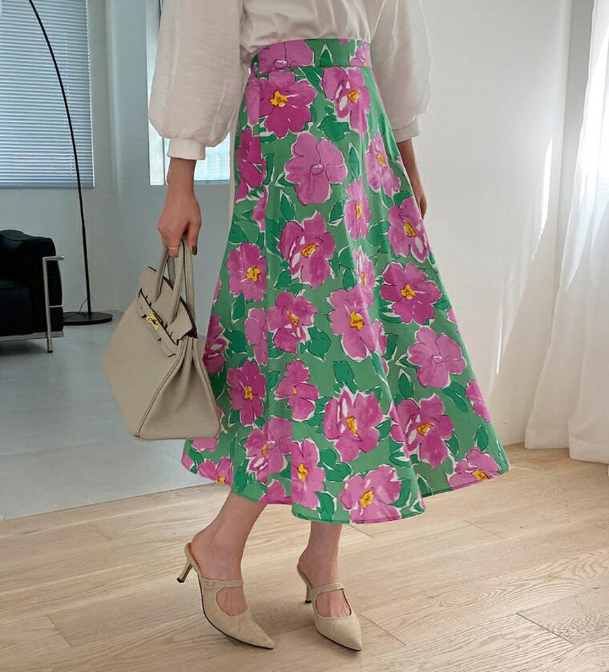 フラワーフレアスカート・全3色・b67798 レディース 【sk】【スカート ロング ロングスカート フレア フレアスカート 花柄 フラワー レトロ 派手 春 夏 秋 韓国 ファッション】【ハイホリHIHOLLI】